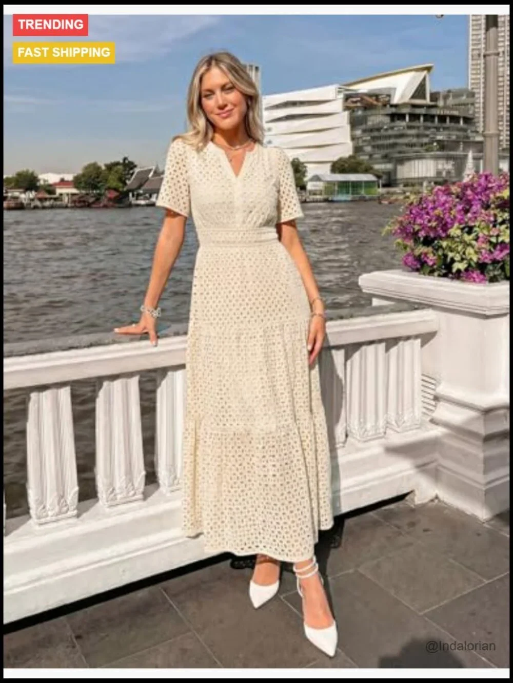 V Neck Short Sleeve Hollow Out Eyelet Ruffle Swing Maxi Dress with Pockets - Picture 2 of 7